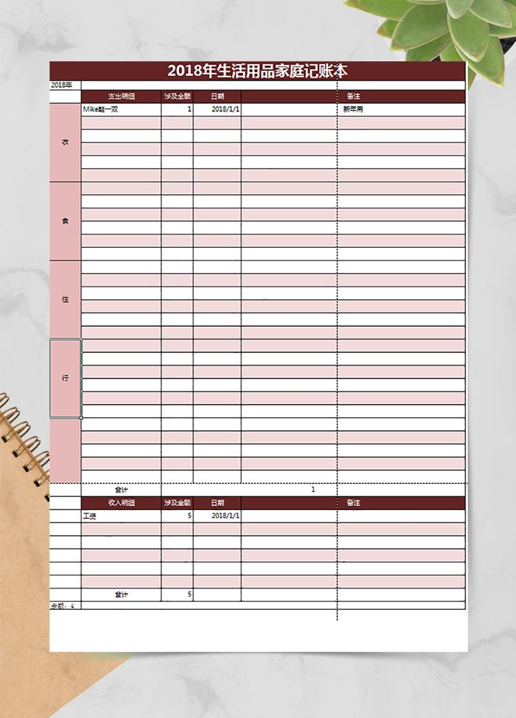 2019年生活用品家庭記賬本