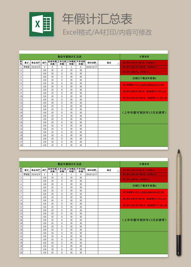 職位年假統(tǒng)計(jì)匯總表