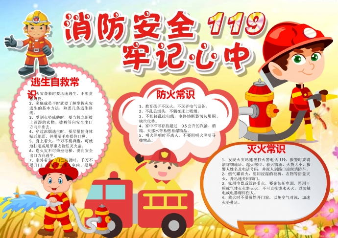消防安全牢記心中卡通消防員手抄報(bào)
