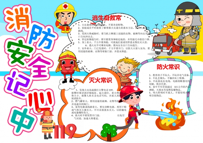 精美可愛卡通消防安全記心中宣傳小報