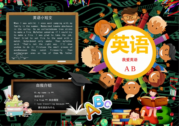 可愛卡通小朋友們聚在一起學(xué)英語手抄報(bào)wps