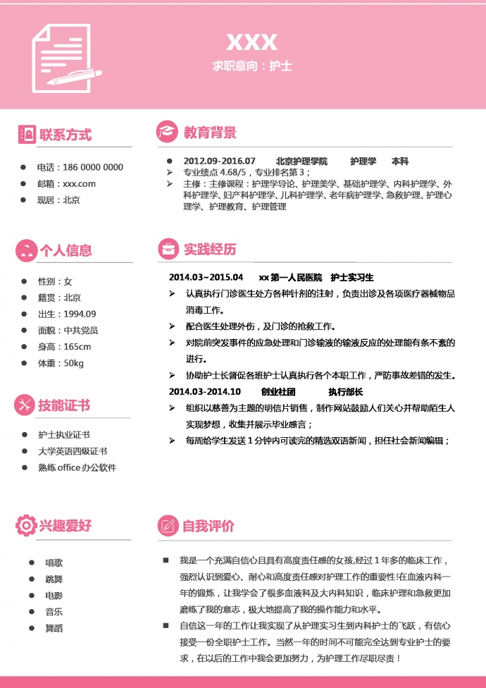 粉色小天使封面護(hù)士護(hù)理簡歷模板-1