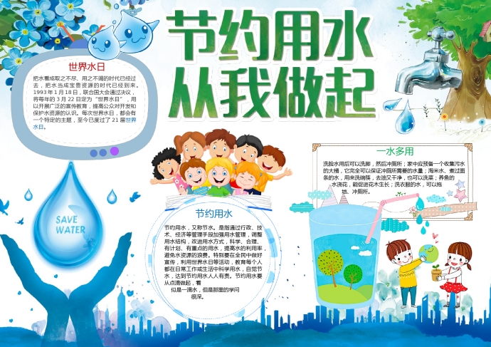 小清新藍(lán)色節(jié)約用水從我做起手抄報(bào)wps