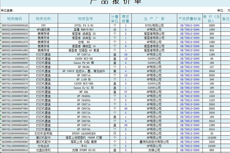 物資報(bào)價(jià)單-1