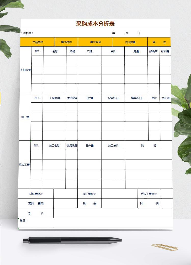 采購(gòu)成本分析表模板