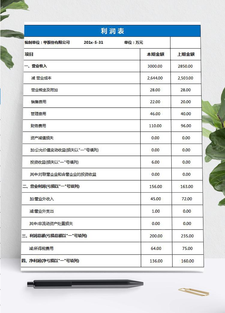 藍(lán)色企業(yè)利潤表excel模板