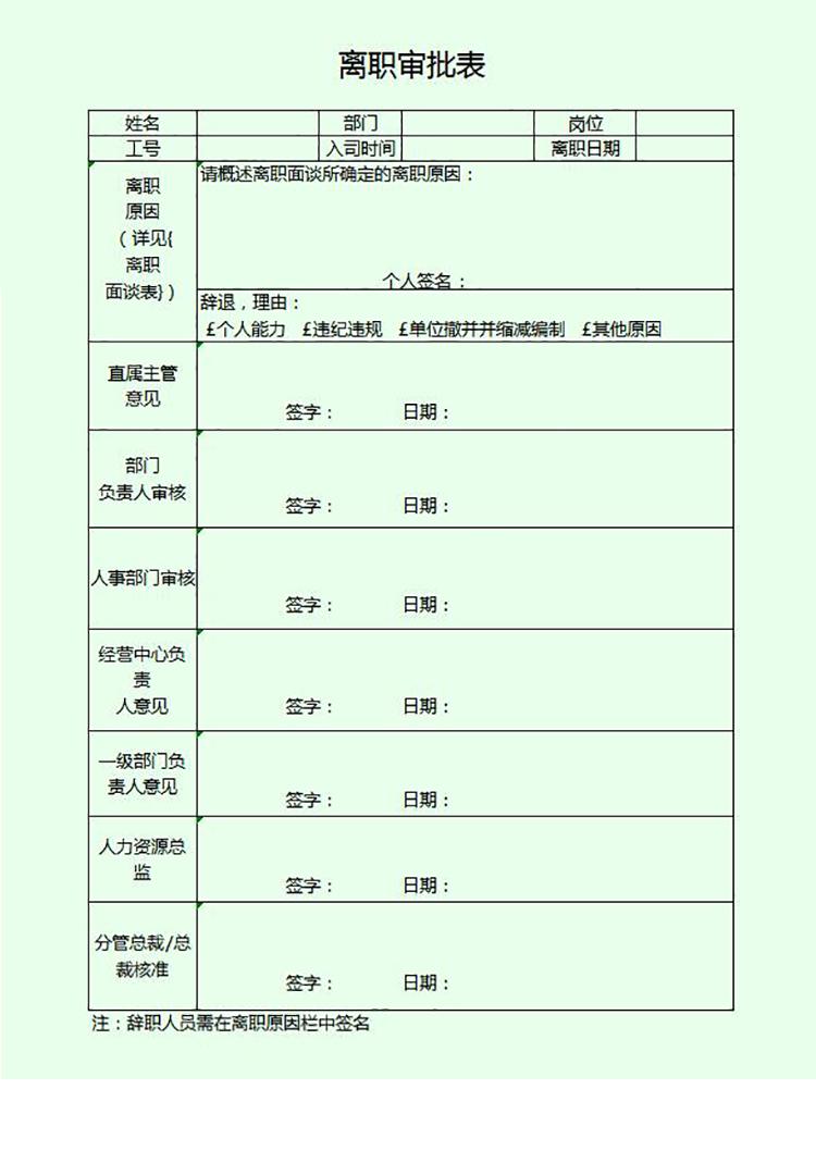 企業(yè)職員離職審批單管理模板e(cuò)xcel-1