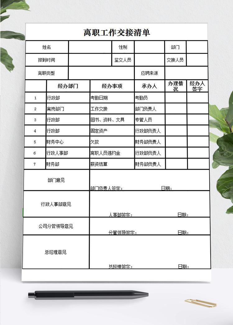 員工離職工作交接清單Excel模板