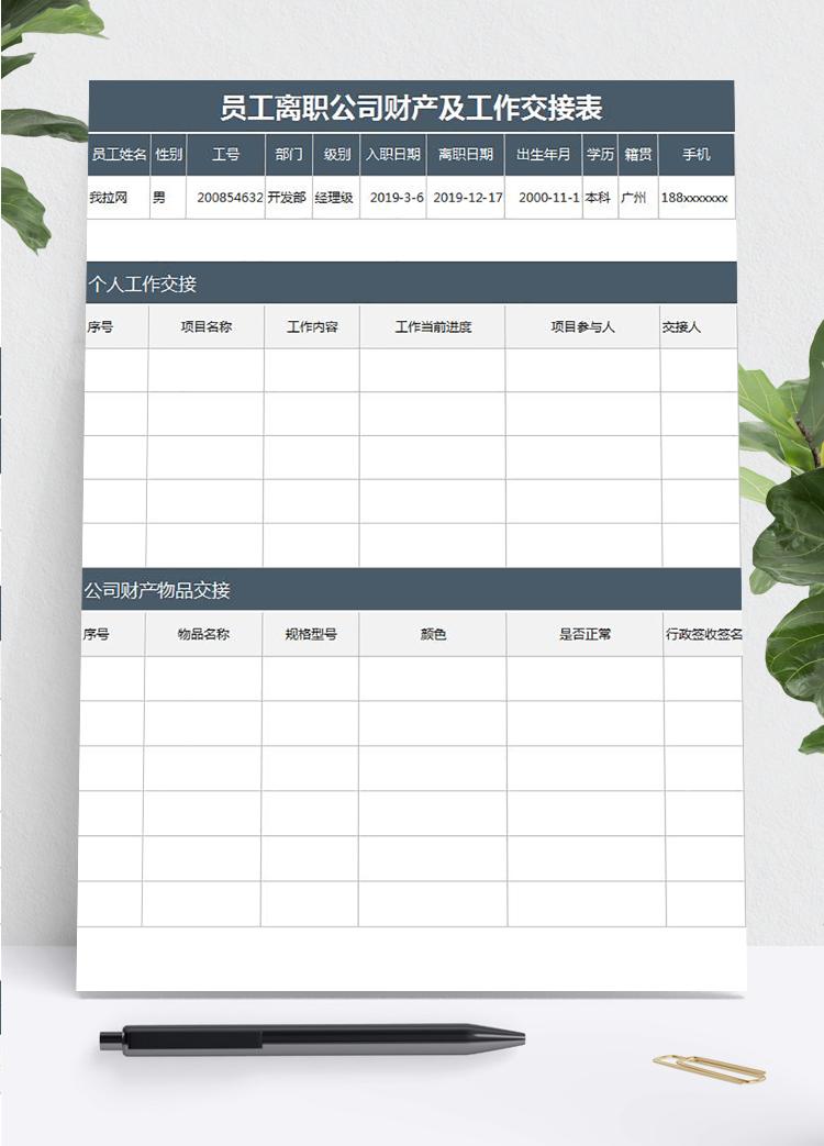員工離職公司財產(chǎn)及工作交接表