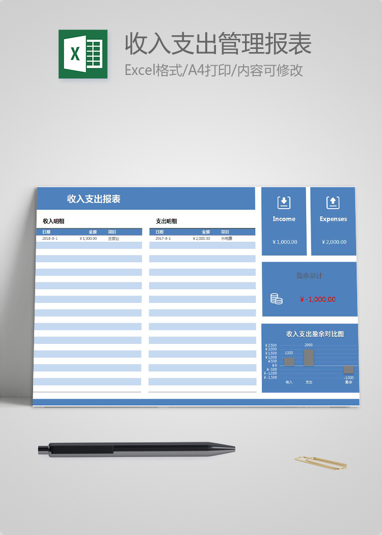 藍色風(fēng)收入支出管理報表
