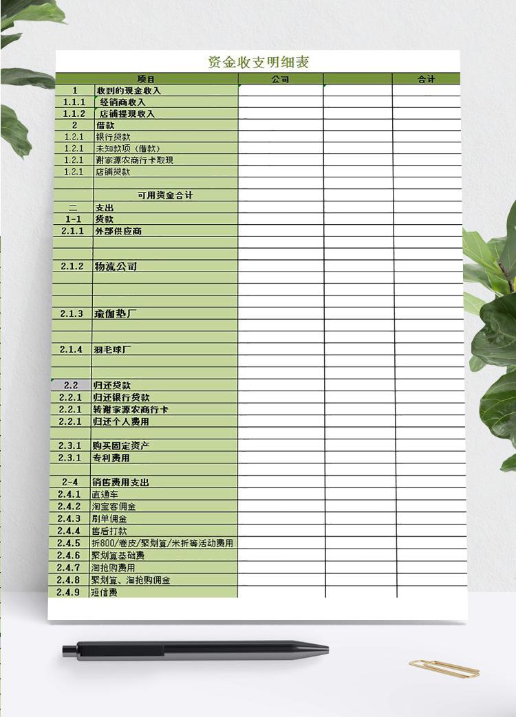 綠色系店鋪資金收支明細表