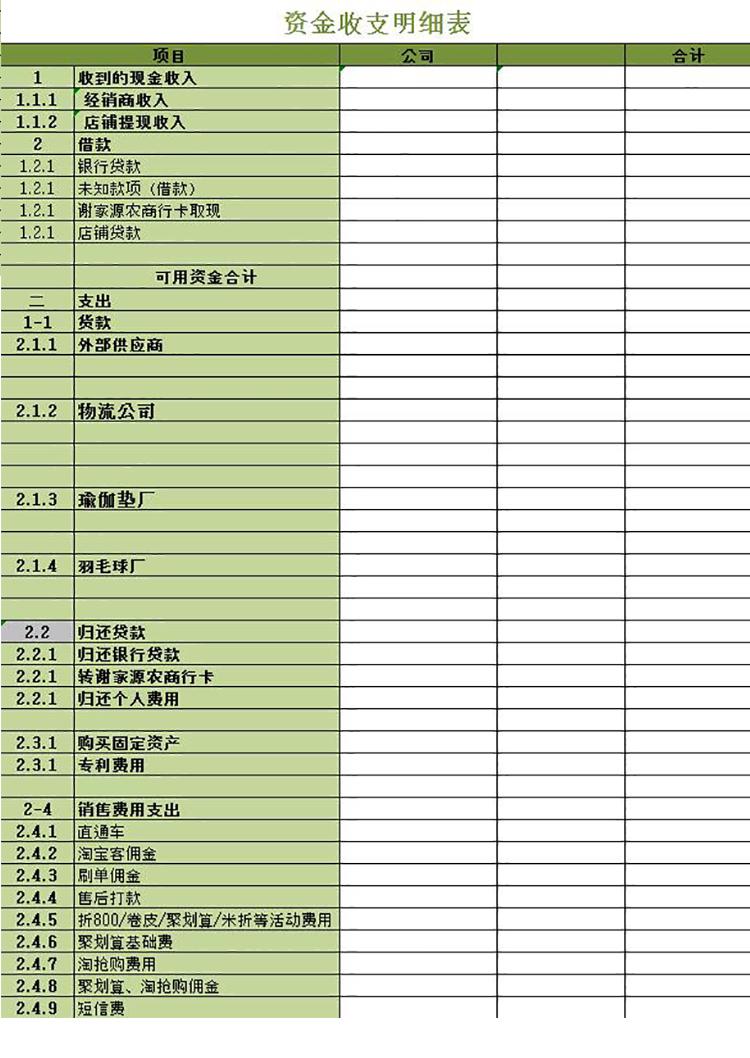 綠色系店鋪資金收支明細表-1