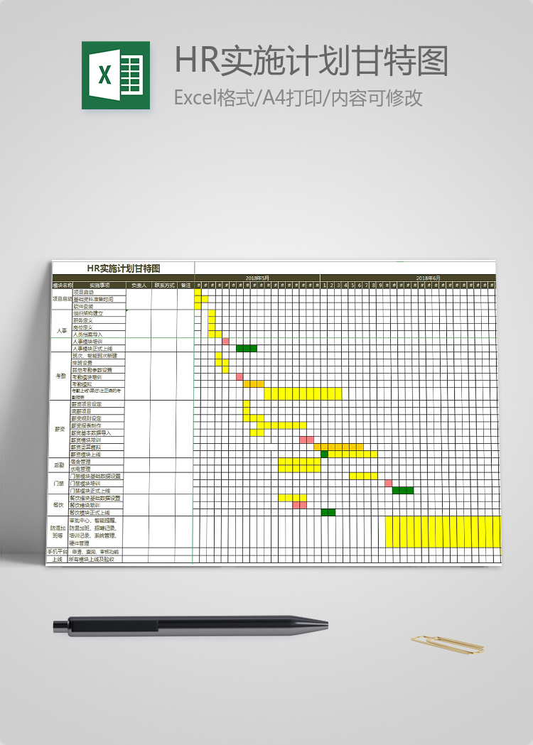 黃綠橙系HR實施計劃甘特圖模板