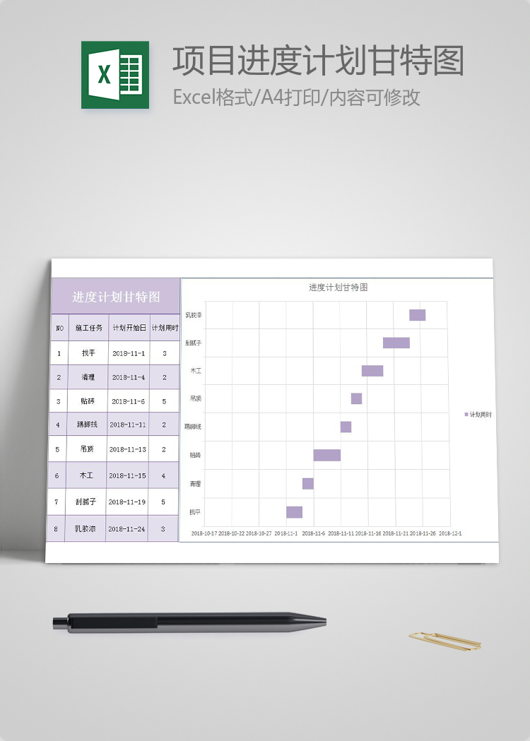 簡約紫色風項目進度計劃甘特圖模板