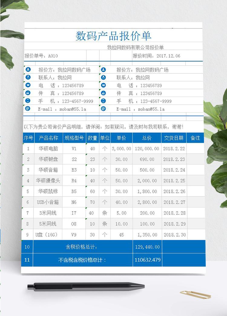 數(shù)碼產(chǎn)品報價單