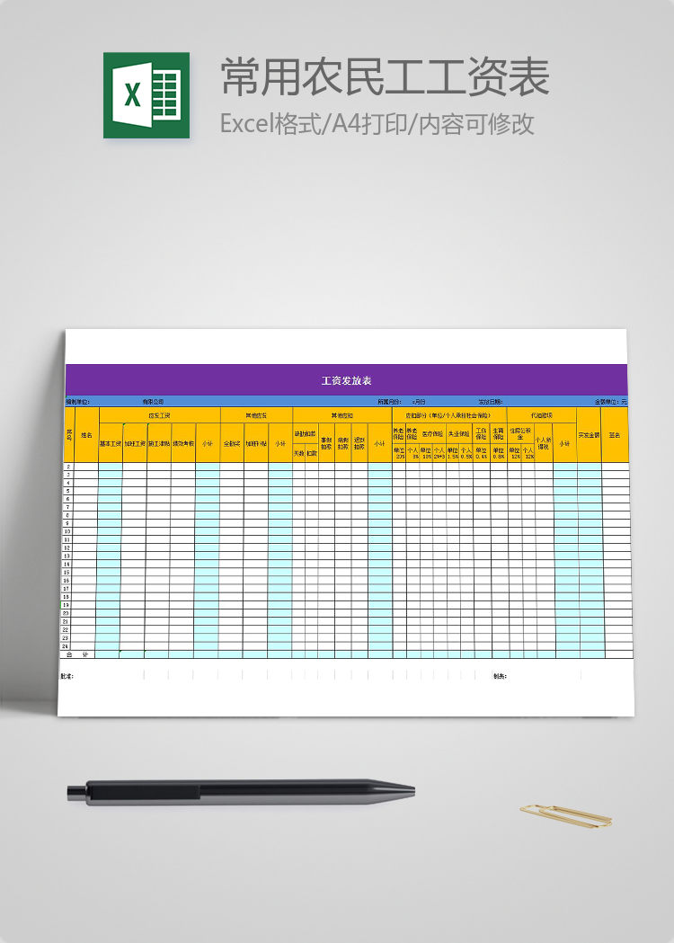 常用農(nóng)民工工資表excel模板