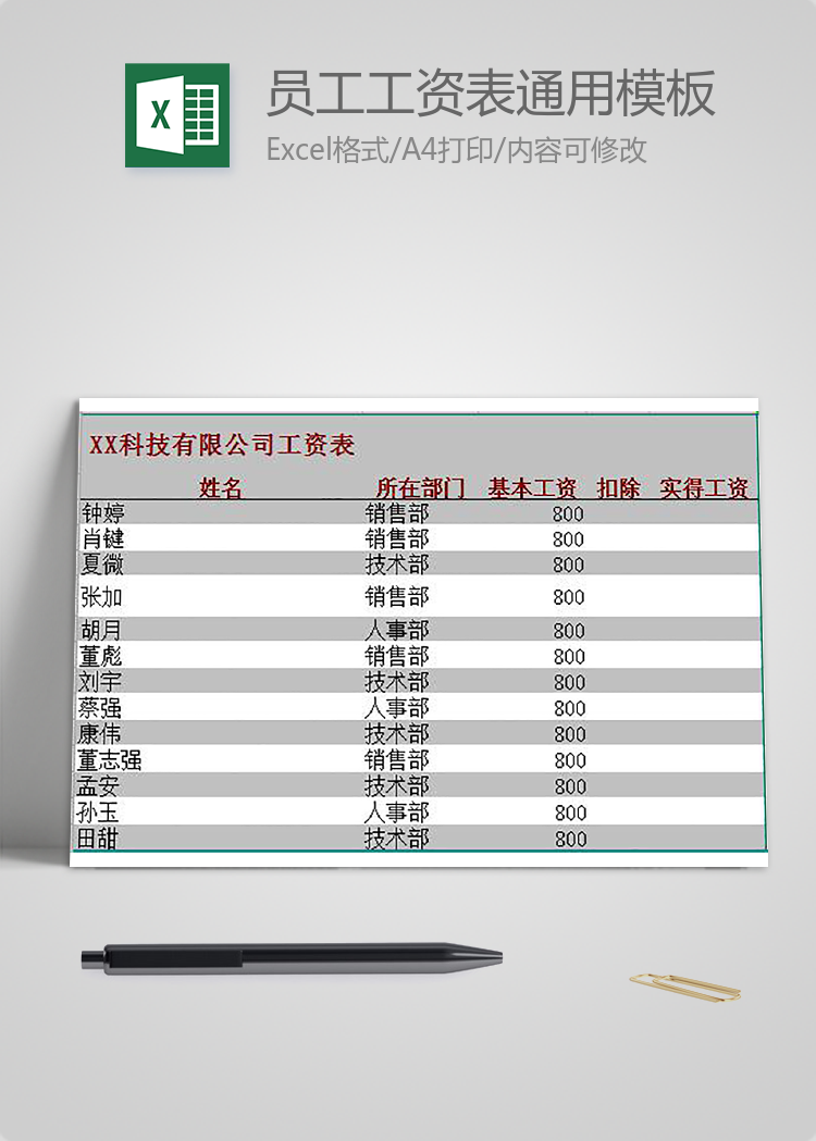 基層員工工資表通用模板