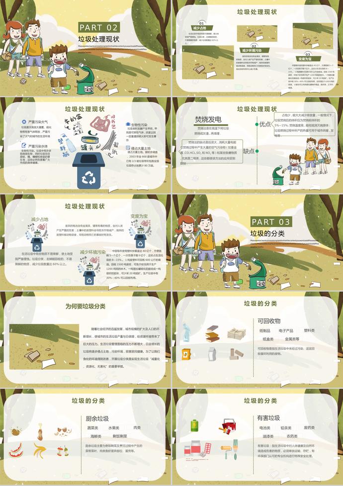 墨綠黃卡通風格垃圾分類愛護環(huán)境介紹PPT模板-1