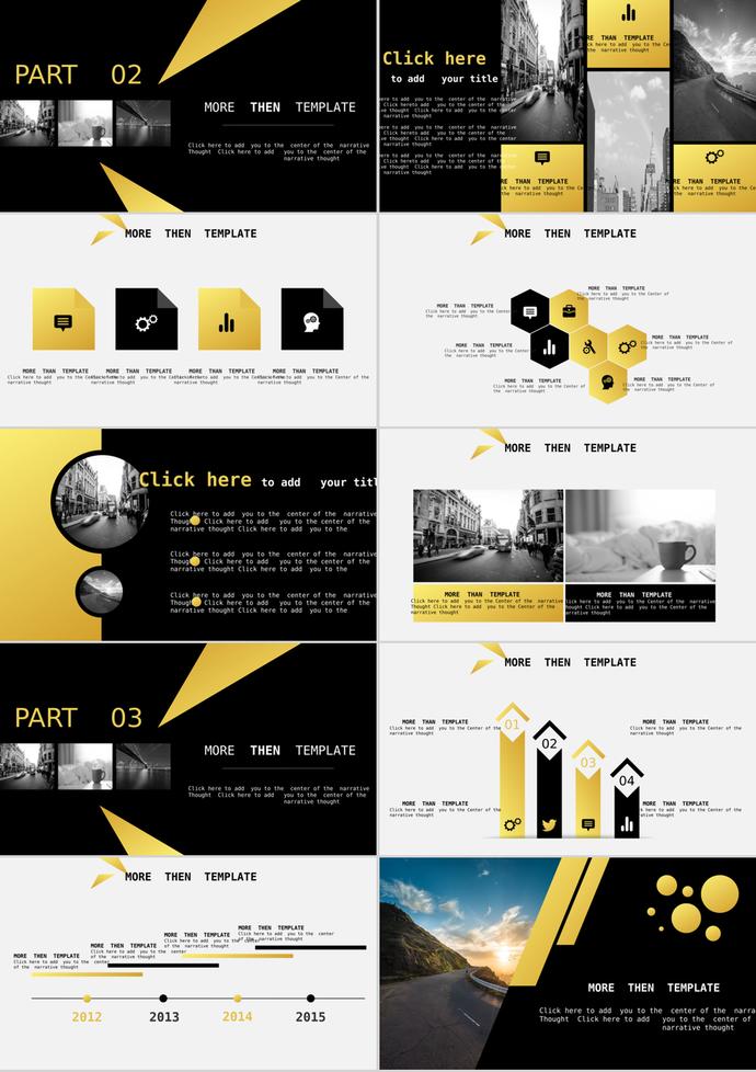 歐美街道圖片背景的黑金商務PPT模板-1