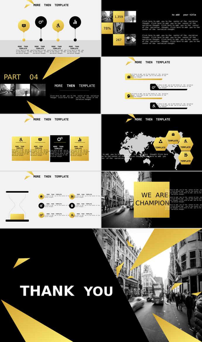 歐美街道圖片背景的黑金商務PPT模板-2