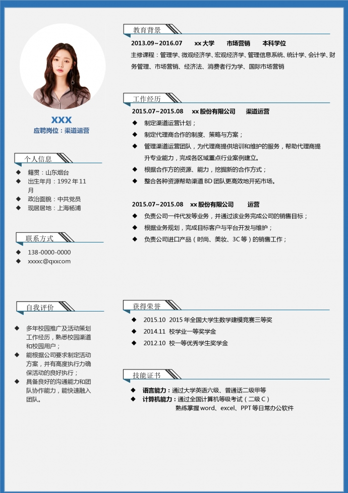 灰色時尚風格渠道運營簡歷模板