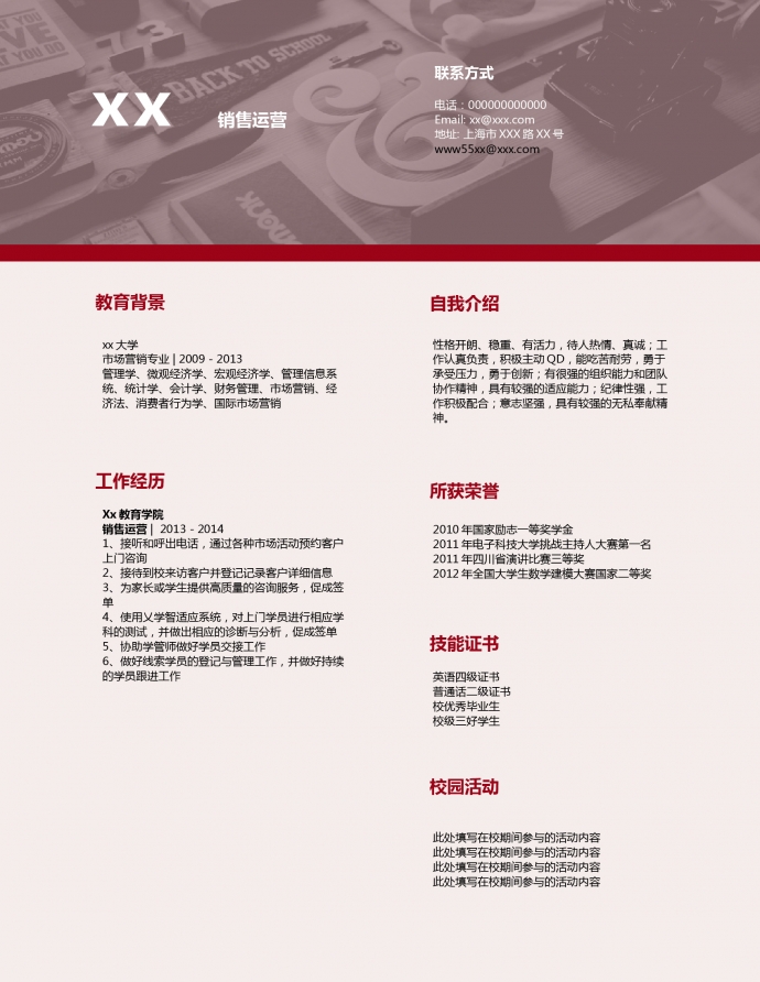 個(gè)人求職簡歷銷售運(yùn)營簡歷模板