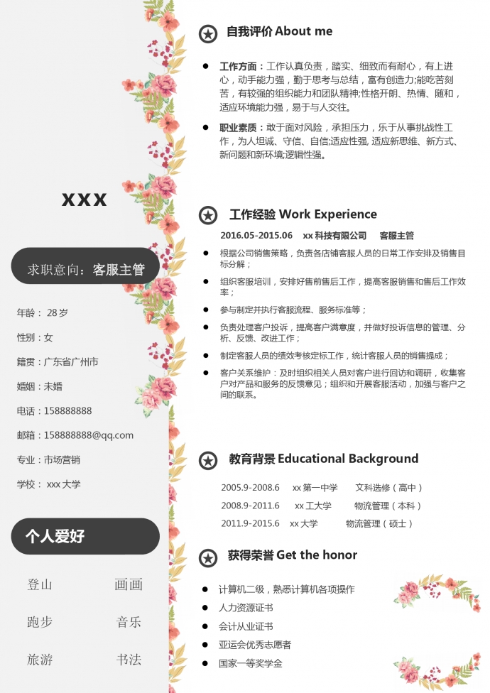 花邊客服主管通用word簡歷