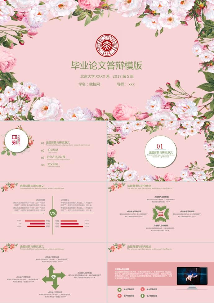 粉色清新花朵畢業(yè)論文答辯ppt模版