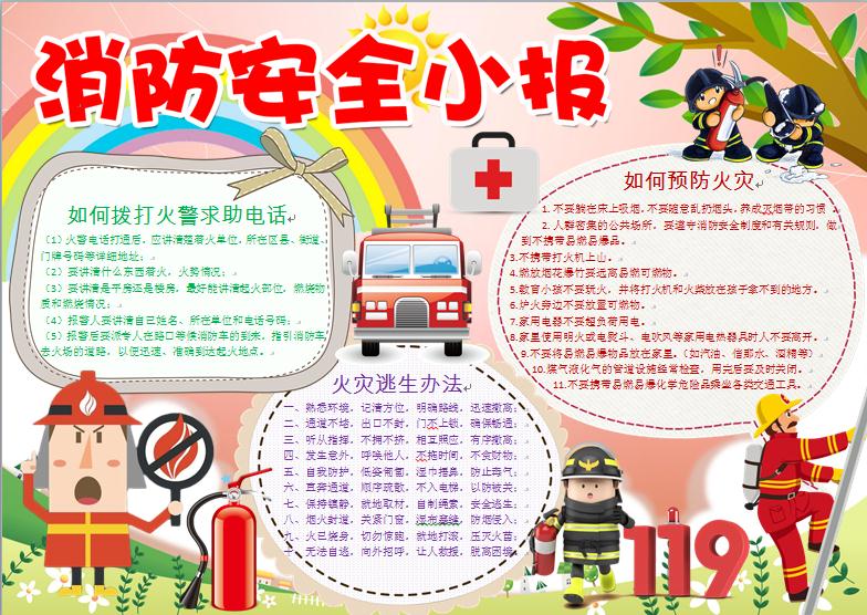 卡通消防叔叔宣傳消防安全手抄報(bào)wps
