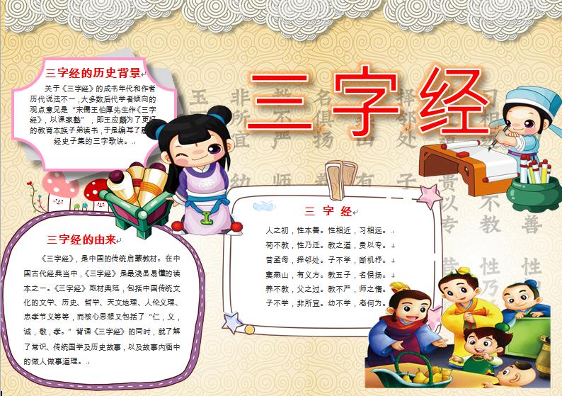 卡通可愛人物三字經(jīng)手抄報含空白模板