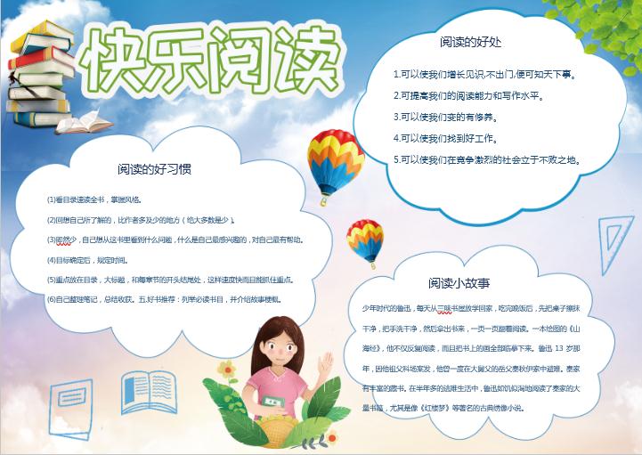 簡約藍色快樂閱讀小報word模板