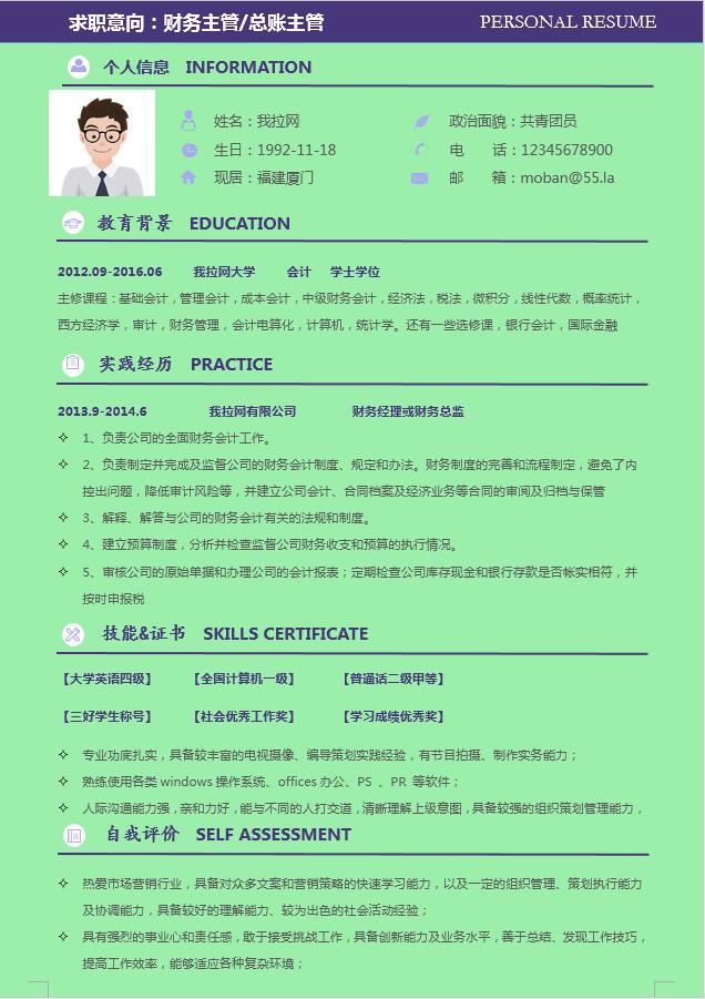 綠色財務(wù)主管個人簡歷模板