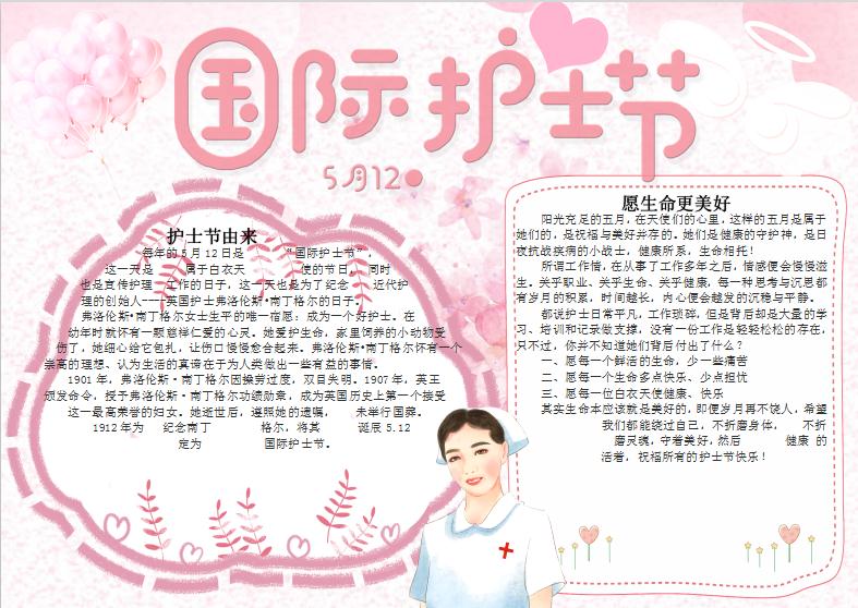 粉色氣球國際護士節(jié)手抄報Word模板