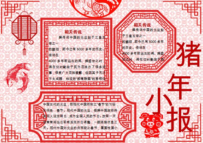 剪紙豬年小報Word模板