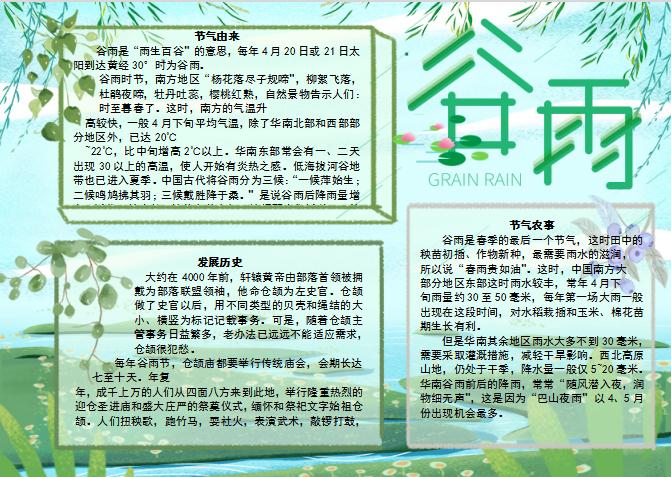 青綠小清新谷雨節(jié)氣word手抄報模板