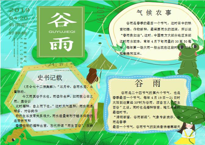 青綠雨季谷雨手抄報Word模板