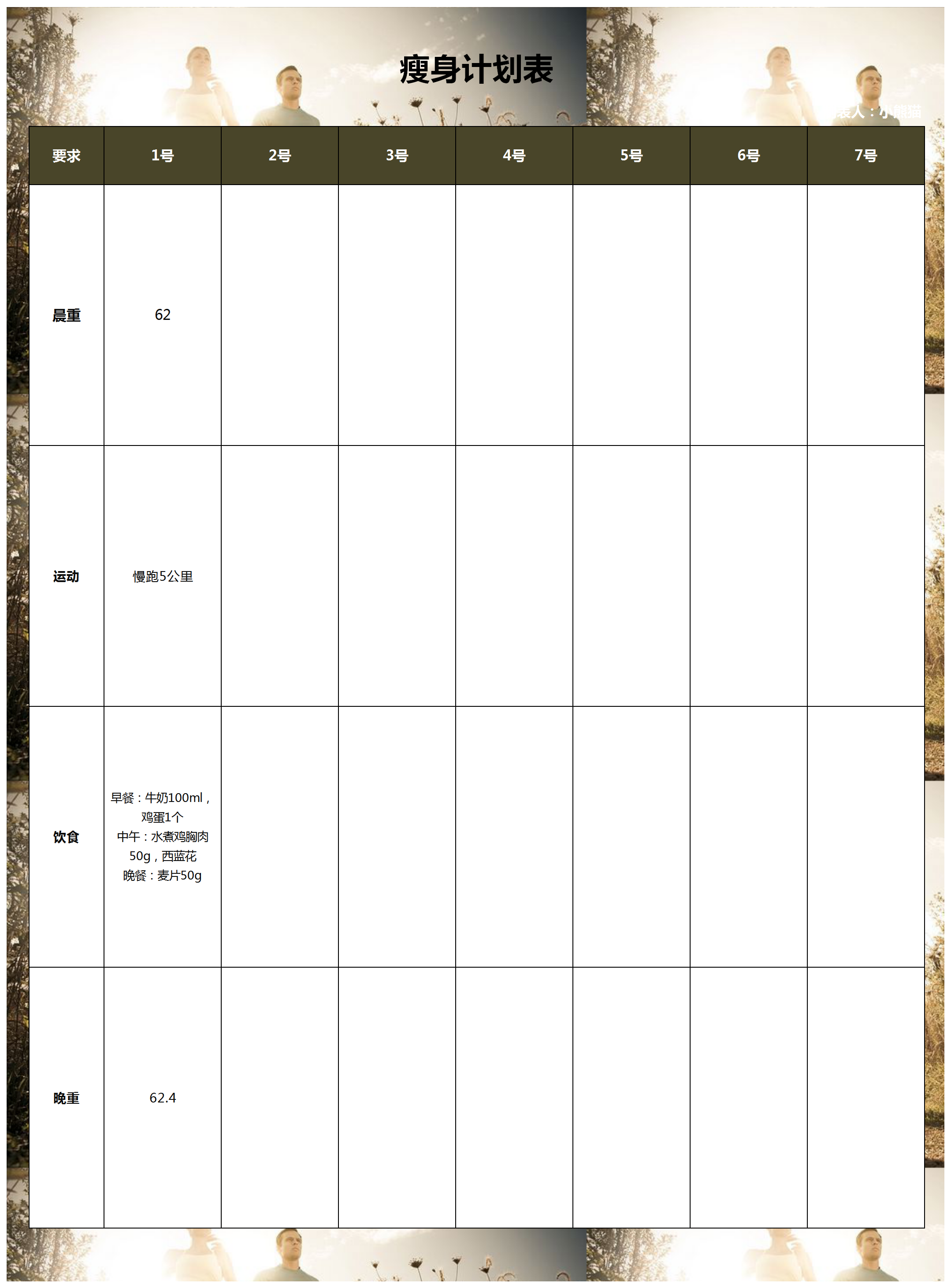 瘦身減肥計(jì)劃表excel模板