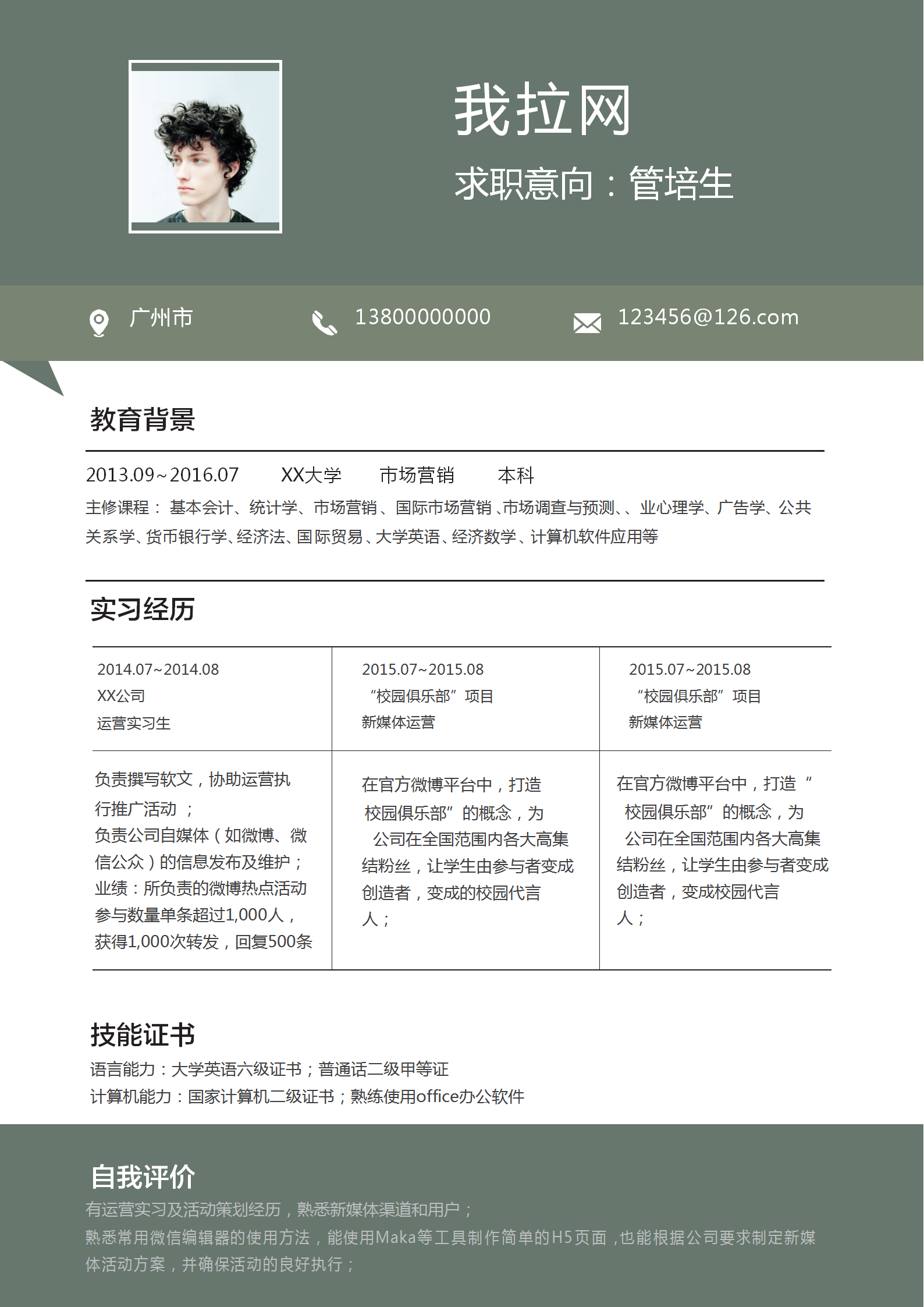 綠色應屆生管培生求職簡歷模板