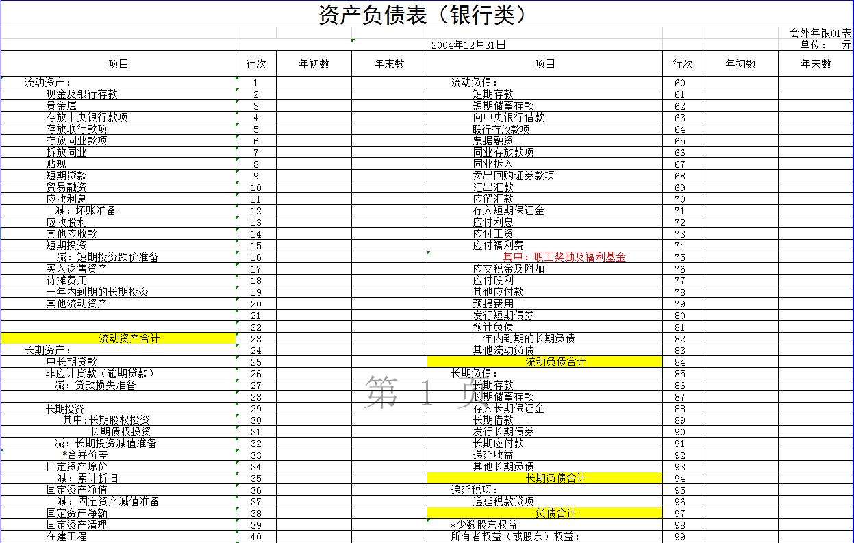 銀行類外商投資企業(yè)會(huì)計(jì)報(bào)表Excel模板-1