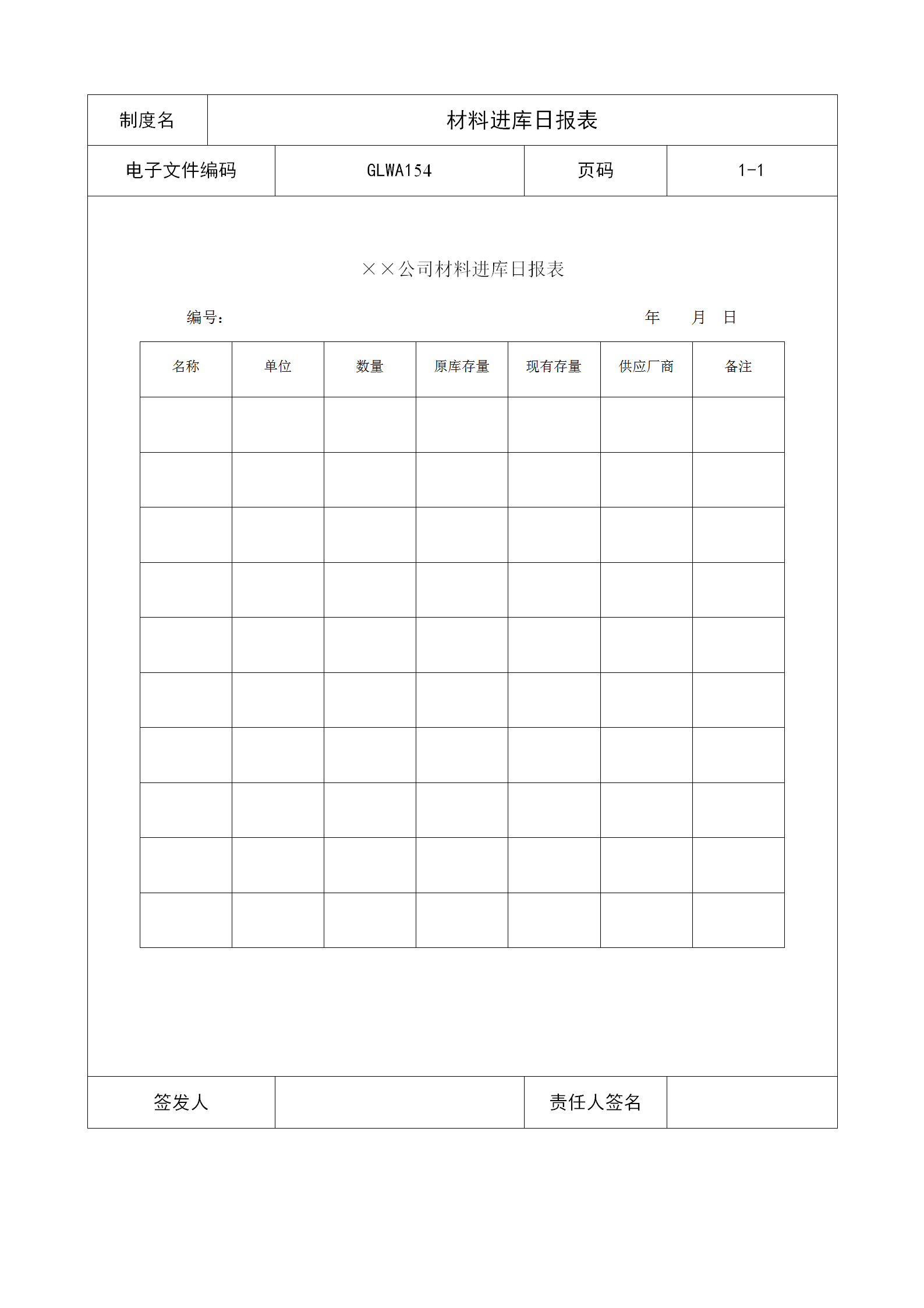 某公司材料進(jìn)庫(kù)日統(tǒng)計(jì)報(bào)表word模板