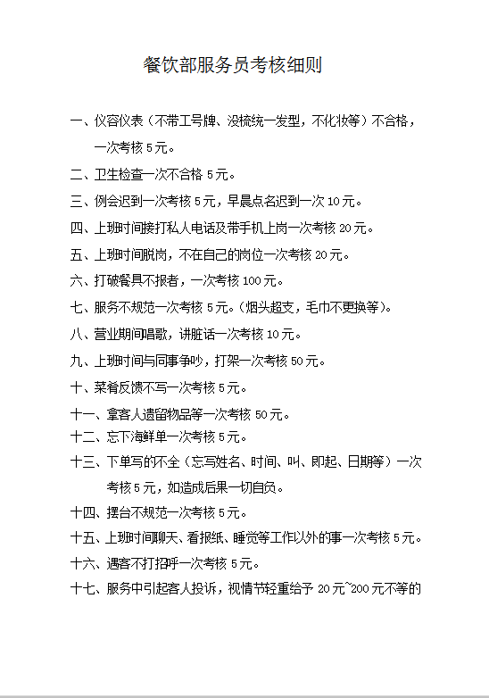餐飲部服務(wù)員考核細(xì)則Word模板
