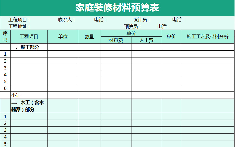家庭裝修材料預(yù)算表-1