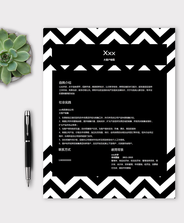 黑白條紋波浪銷售個人簡歷模板