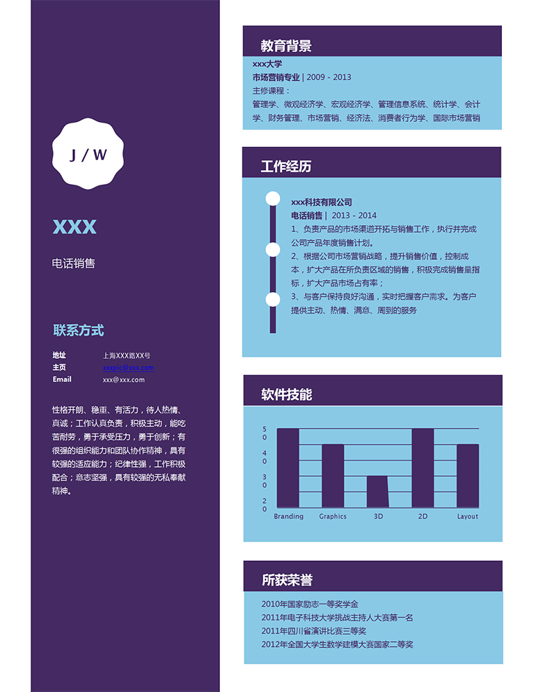 寶藍(lán)柱狀圖分析銷售個人簡歷模板-1