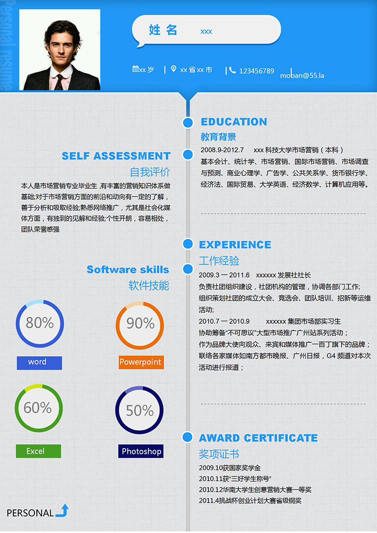 天藍色精美風(fēng)市場營銷簡歷模板-1
