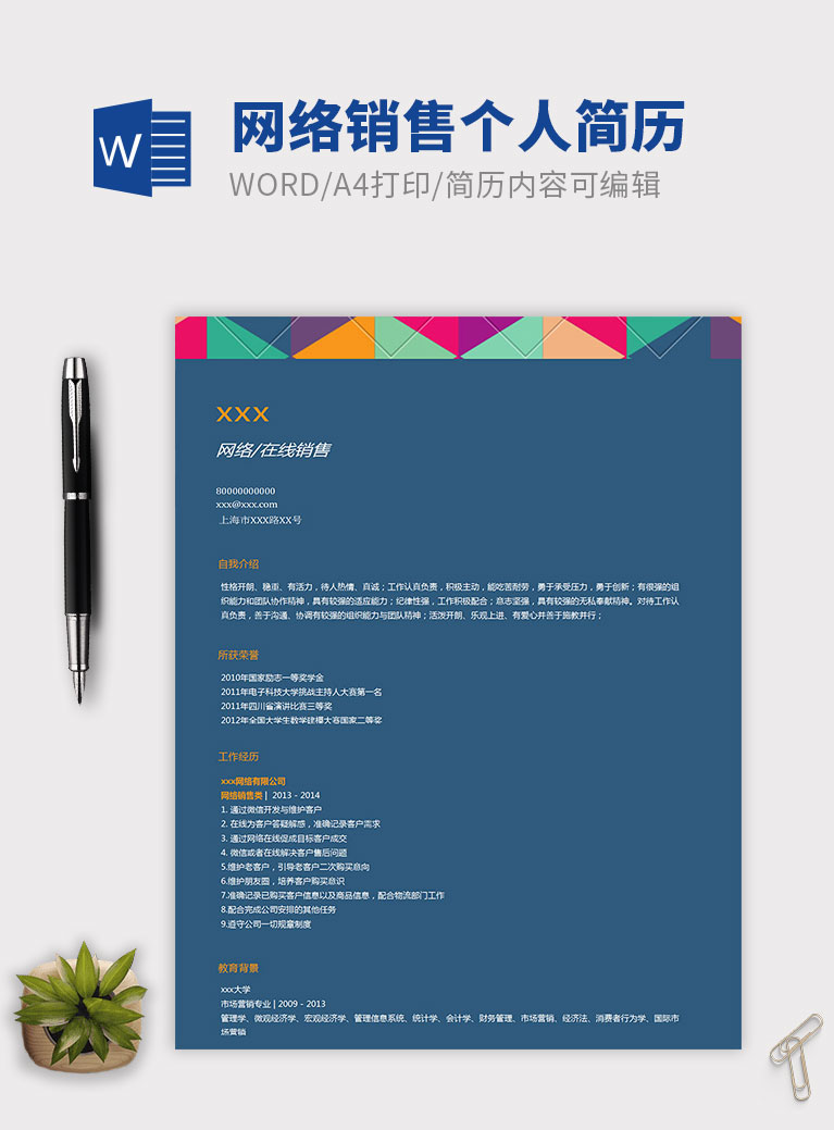 簡單網(wǎng)絡(luò)藍(lán)色銷售個人簡歷模板