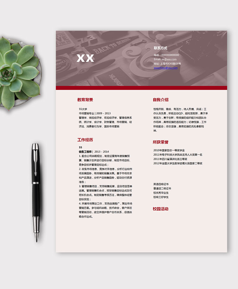 藕粉色精簡風(fēng)格銷售個(gè)人簡歷模板