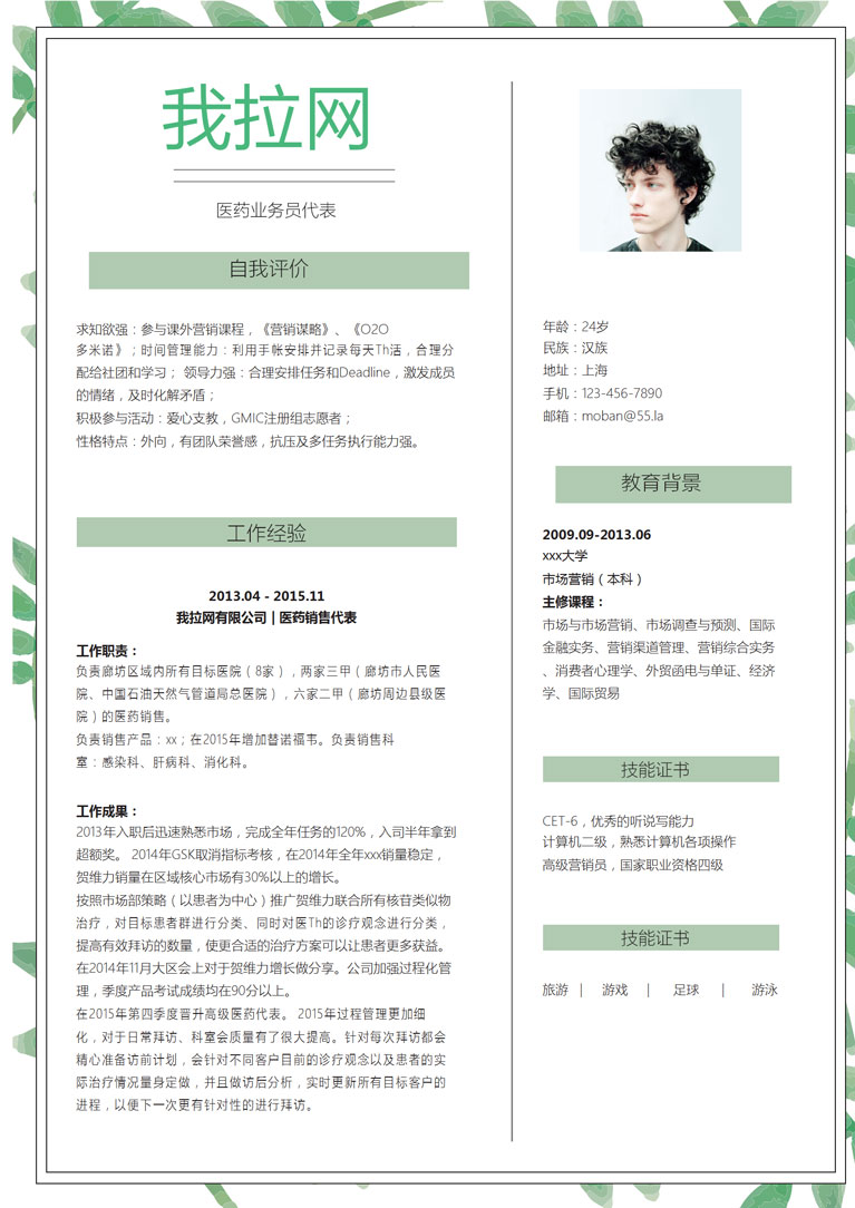 清新綠葉風(fēng)格醫(yī)藥業(yè)務(wù)員代表簡(jiǎn)歷模板-1