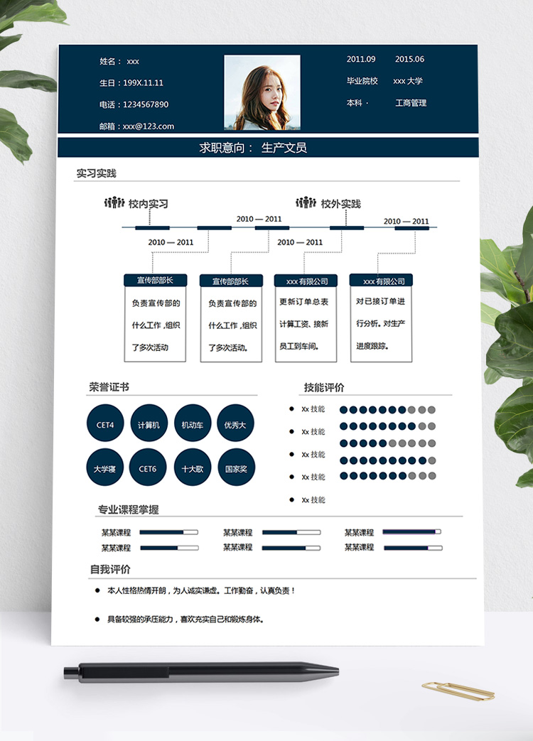 藏青色創(chuàng)意風生產文員個人簡歷模板