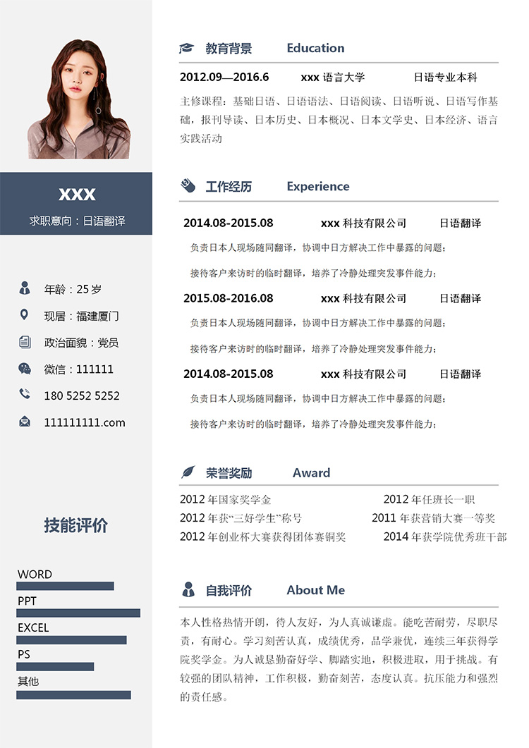 深藍色經(jīng)典風日語翻譯個人簡歷模板-1